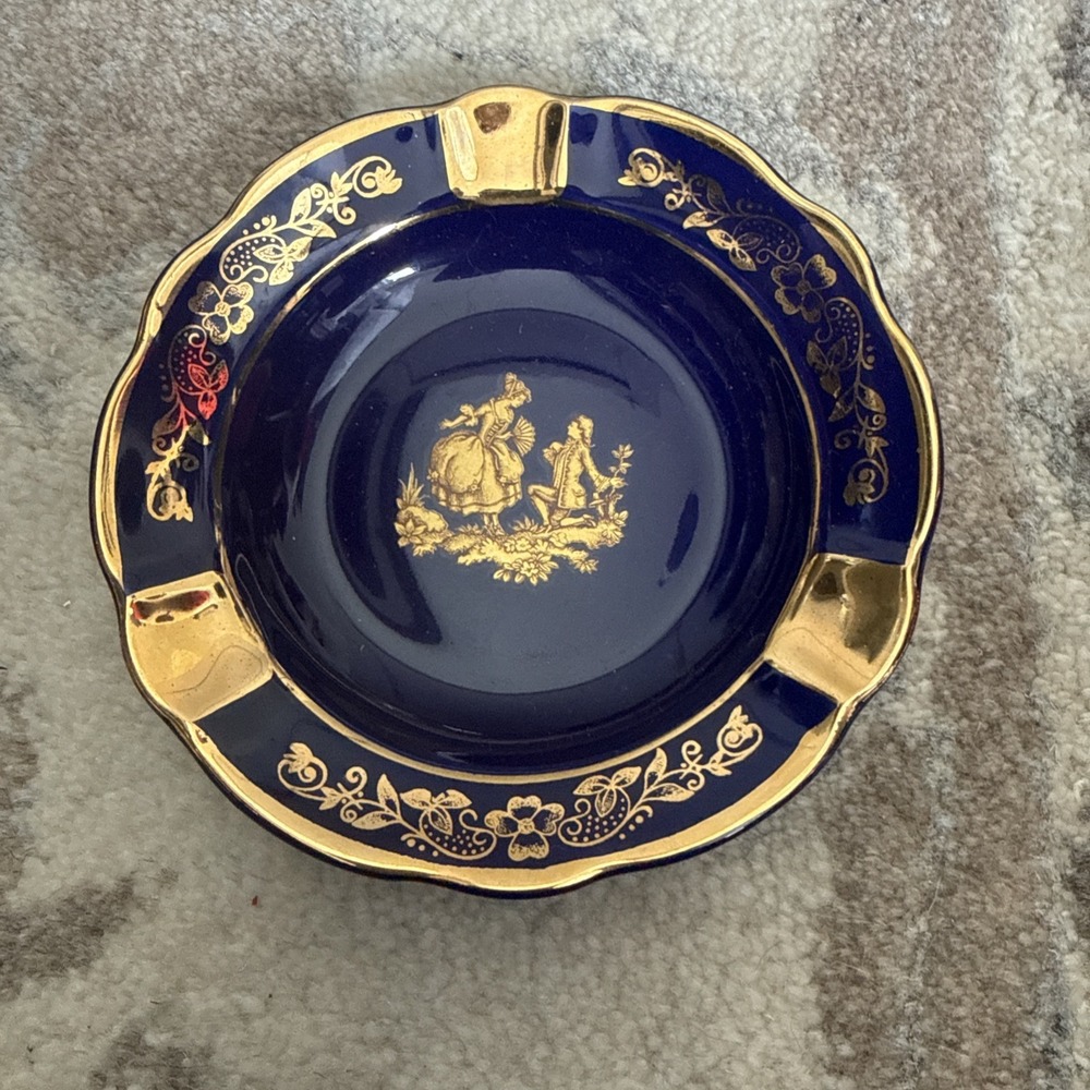 VTG Limoges cobalt blue ashtray fine porcelain courting couple trinket/dish